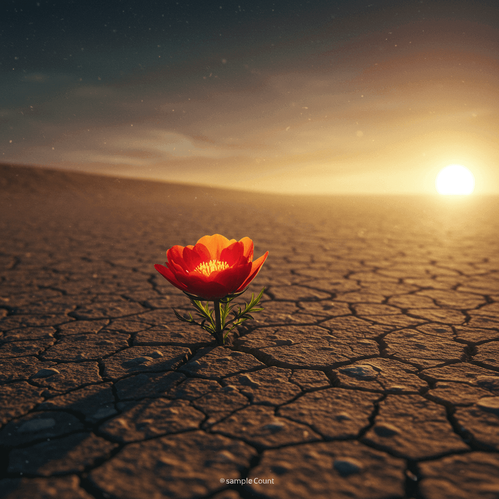 Red flower blooming on cracked desert ground with a setting sun in the background.